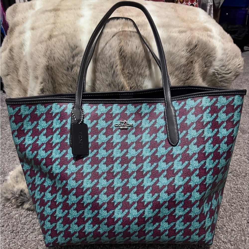 Coach City Tote in a teal and wine houndstooth print